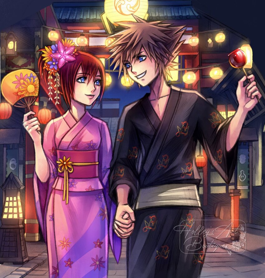 1boy 1girl alternate_costume artist_name black_kimono blue_eyes brown_hair candy_apple closed_mouth commentary english_commentary food grin hair_ornament hand_fan highres holding holding_food holding_hands hollypolllyy japanese_clothes kairi_(kingdom_hearts) kimono kingdom_hearts looking_at_another nomura_tetsuya_(style) obi paper_fan pink_kimono pointy_hair red_hair sash smile sora_(kingdom_hearts) teeth wide_sleeves