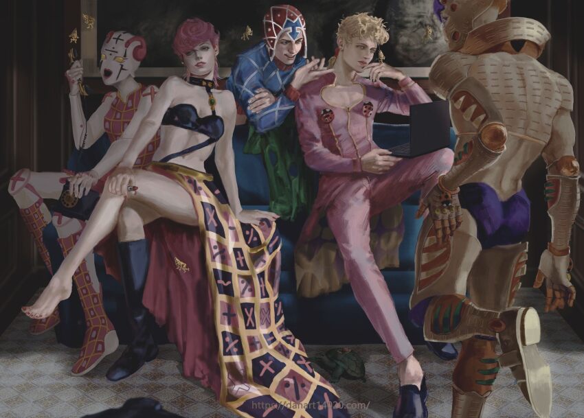 1girl 2boys bandeau bare_shoulders barefoot blonde_hair boots breasts bug choker cleavage coco_jumbo collarbone commentary_request cosmetics couch danart14020 feet giorno_giovanna gold_experience gold_experience_requiem green_eyes guido_mista hat highres holding holding_lipstick_tube indoors insect jacket jojo_no_kimyou_na_bouken ladybug lipstick_tube long_hair long_sleeves looking_at_another looking_at_viewer math medium_breasts midriff multiple_boys nail_polish navel pants parted_lips pink_hair pink_jacket pink_lips pink_nails pink_pants realistic sex_pistols_(stand) short_hair single_boot sitting skirt smile spice_girl_(stand) stand_(jojo) sweater toenail_polish toenails trish_una turtle vento_aureo