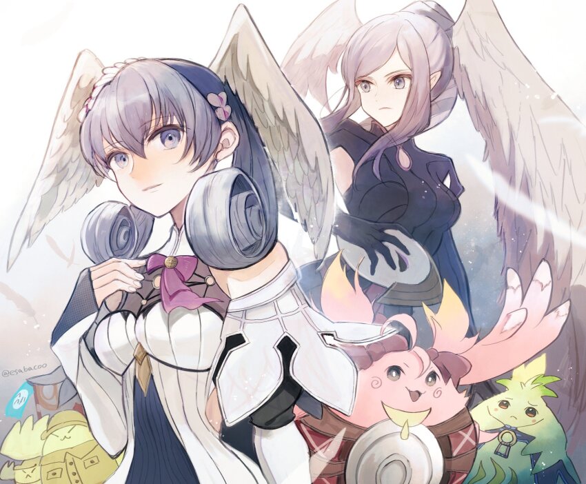 2girls blue_eyes grey_hair head_wings highres kino_(xenoblade) leaf_(esabacoo) melia_antiqua multiple_girls nene_(xenoblade) nopon ponspector_(xenoblade) smile tyrea_(xenoblade) wings xenoblade_chronicles:_future_connected xenoblade_chronicles_(series) xenoblade_chronicles_1