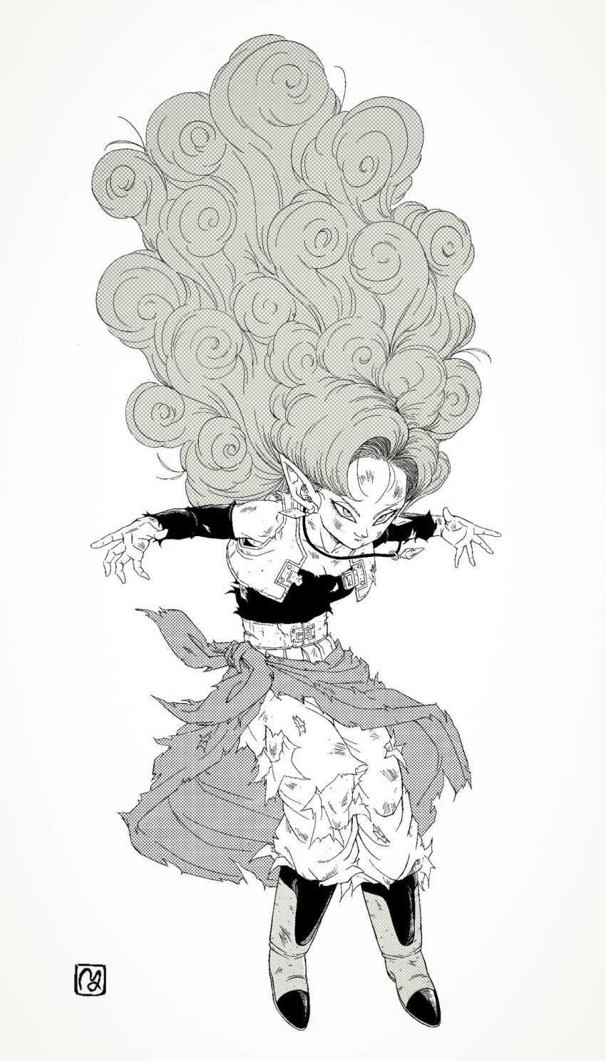 1girl big_hair boots breasts cleavage commentary_request cropped_vest curly_hair detached_sleeves dragon_ball dragonball_z floating floating_clothes floating_hair full_body greyscale halftone highres jewelry long_hair looking_ahead medium_breasts monochrome necklace open_hands pointy_ears scratches signature solo torn_clothes very_long_hair vest white_background y_man_07 zangya