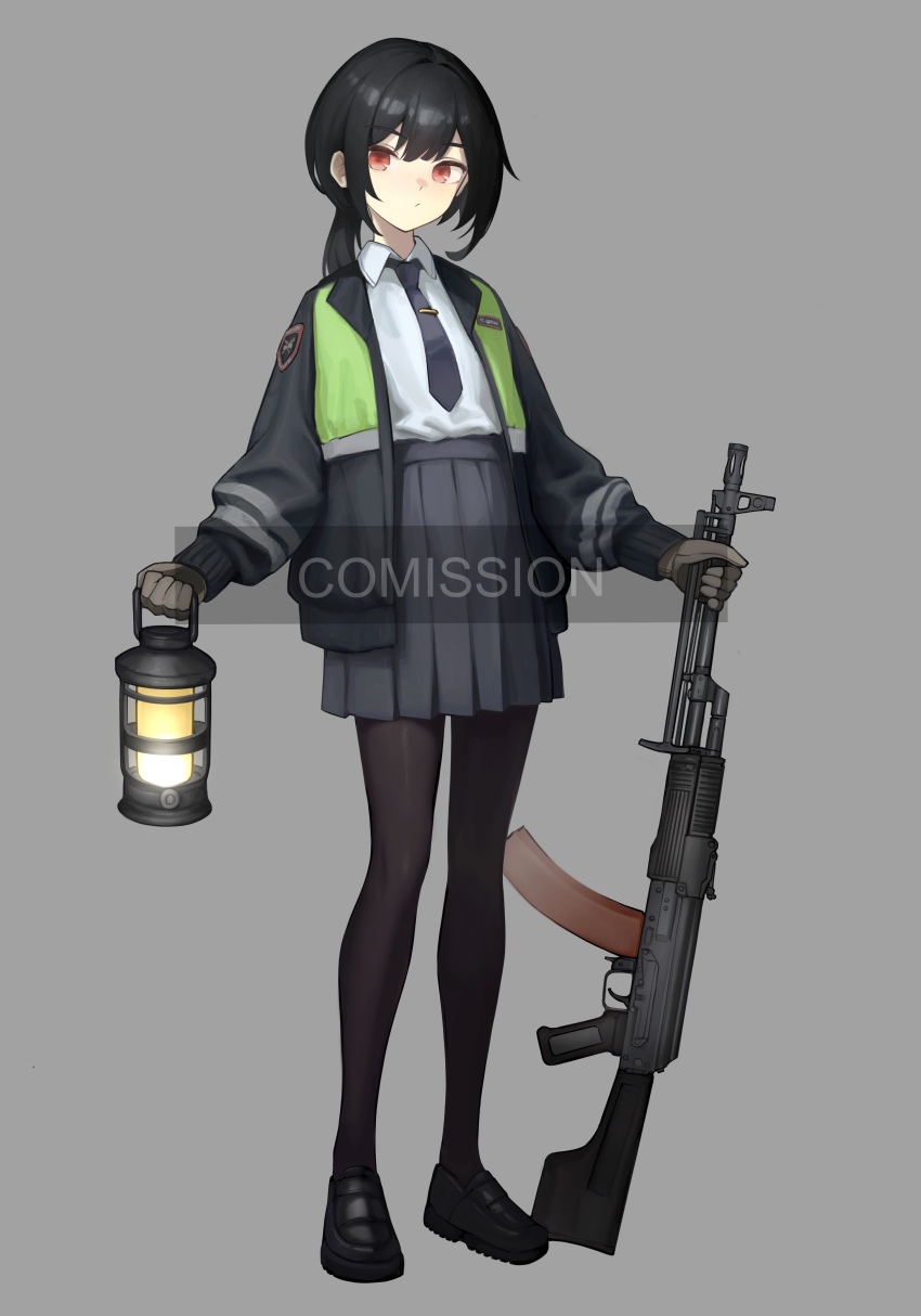1girl absurdres bipod black_hair black_pantyhose blue_necktie blue_skirt brown_gloves collar commission english_text gloves grey_background grey_jacket gun highres holding holding_gun holding_lantern holding_weapon jacket jerry_wang kalashnikov_rifle lantern light_machine_gun loafers machine_gun magazine_(weapon) medium_hair multicolored_jacket muzzle_device name_tag necktie open_clothes open_jacket original pantyhose partially_fingerless_gloves patch pleated_skirt ponytail red_eyes rpk-74 shirt_tucked_in shoes sidelocks simple_background skirt solo standing striped_sleeves tie_clip watermark weapon white_collar yellow_jacket