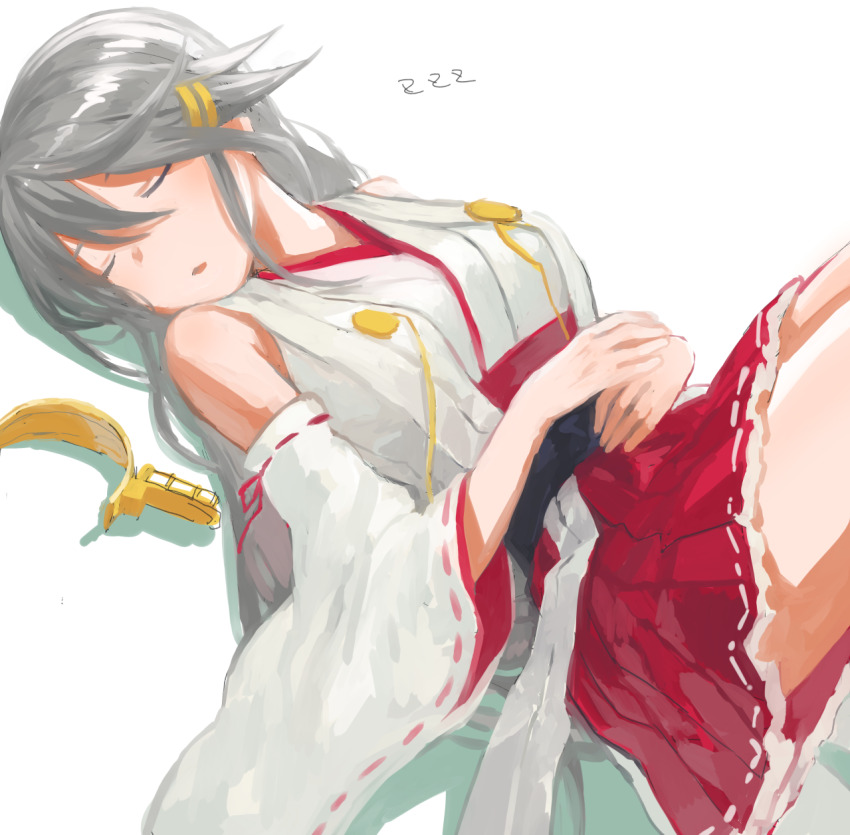 1girl breasts closed_eyes commentary_request cowboy_shot detached_sleeves double-parted_bangs frilled_skirt frills grey_hair hair_between_eyes hair_ornament hairband hairpin hakama hakama_short_skirt hakama_skirt haruna_(kancolle) highres japanese_clothes kantai_collection karamomo kimono knees_up long_hair lying medium_breasts nontraditional_miko on_back pleated_skirt red_ribbon red_skirt ribbon ribbon-trimmed_sleeves ribbon_trim sidelocks simple_background skirt sleeping sleeveless sleeveless_kimono solo thighs unworn_hairband very_long_hair white_background white_kimono white_sleeves wide_sleeves zzz