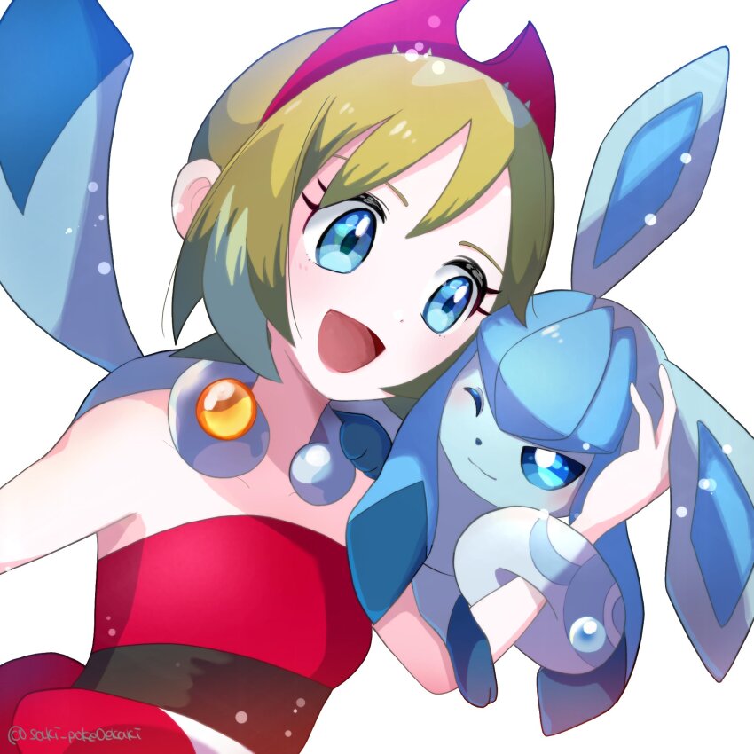 1girl :d animal_hands blonde_hair blue_eyes blue_fur bracelet creatures_(company) game_freak gen_4_pokemon glaceon hair_between_eyes hairband highres irida_(pokemon) jewelry looking_at_another neck_ring nintendo open_mouth pokemon pokemon_legends:_arceus red_hairband red_shirt saki_pokeoekaki shirt short_hair simple_background smile strapless strapless_shirt white_background yellow_gemstone
