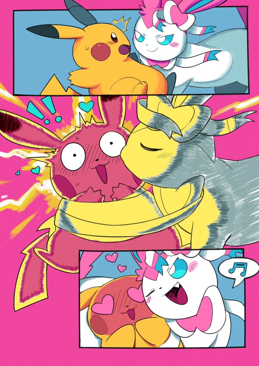 ! !! blush blush_stickers bow closed_eyes dramatic_lighting electricity fang gen_1_pokemon gen_6_pokemon heart heart-shaped_pupils highres kiss musical_note nintendo no_humans one_eye_closed open_mouth pikachu pink_background pokemon pokemon_(creature) pokemon_focus powerandy ribbon smile sweatdrop sylveon symbol-shaped_pupils wink wrapped_up