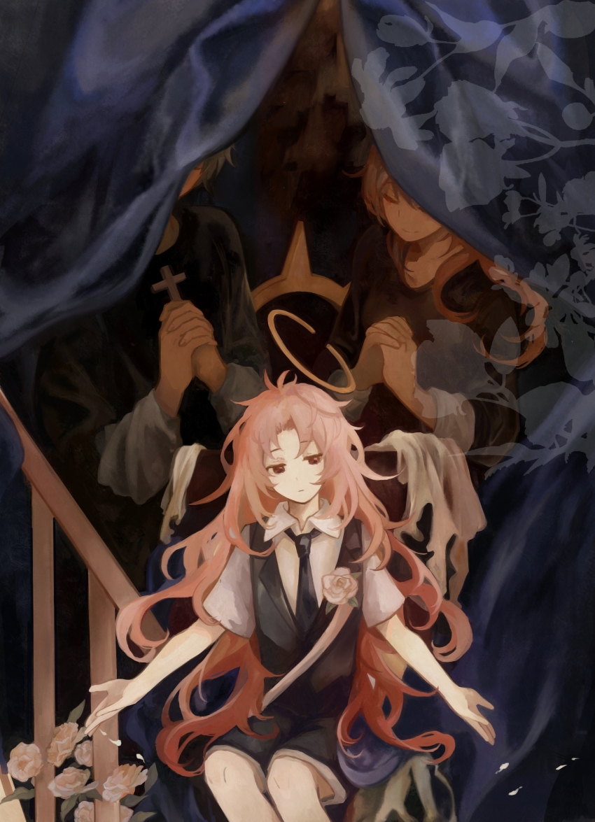 1boy absurdres banister black_necktie black_shorts black_vest boutonniere chinese_commentary closed_mouth collared_shirt commentary_request curtains expressionless flower harufubuki hatsutori_hajime highres long_hair male_focus necktie painting_(object) parted_bangs pink_hair red_eyes rose saibou_shinkyoku shirt shorts sitting solo vest white_flower white_rose white_shirt