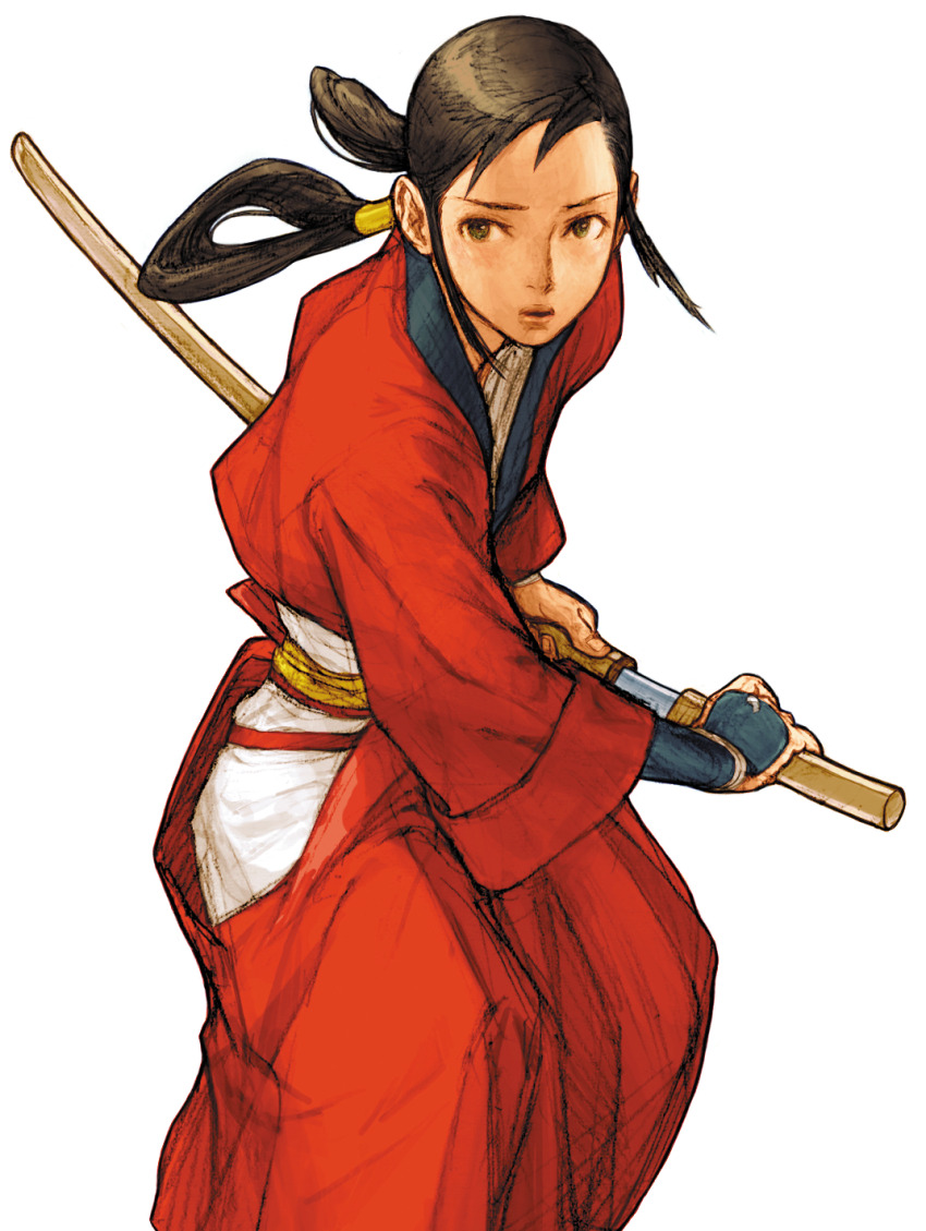 1girl armor bakumatsu_rouman battoujutsu_stance black_hair capcom_vs_snk_2 fighting_stance game_cg hair_rings hakama hakama_skirt hand_on_hilt highres holding holding_sword holding_weapon japanese_armor japanese_clothes katana kimono kote long_hair nishimura_kinu non-web_source official_art ready_to_draw red_hakama red_kimono sheath skirt snk solo sword takane_hibiki twintails unsheathing weapon