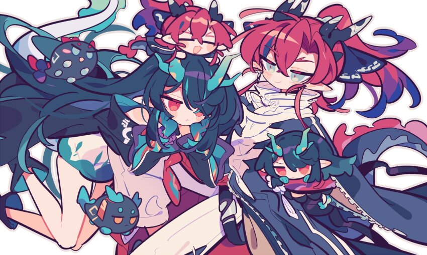 1boy 1girl arknights bare_legs black_hair black_jacket black_shoes blue_eyes blush_stickers brother_and_sister chibi chibi_inset colored_extremities colored_skin commentary_request dragon_boy dragon_bubble_(arknights) dragon_girl dragon_horns dragon_tail dusk_(arknights) feet_out_of_frame full_body green_eyes green_hair green_skirt hair_over_one_eye head_rest horns jacket knee_up looking_at_viewer multicolored_hair nail_polish pants pointy_ears pout red_eyes red_hair shirt shoes siblings simple_background skirt smile streaked_hair tail white_background white_pants white_shirt ym_dpl yu_(arknights)