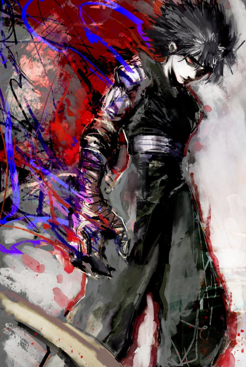 1boy aura black_hair black_jumpsuit dark_aura dougi feet_out_of_frame fire flaming_hand full_body headband hiei_(yu_yu_hakusho) highres jumpsuit kyezzzz male_focus pale_skin purple_fire pyrokinesis red_eyes sash serious short_hair sleeveless_jumpsuit solo spiked_hair white_headband white_sash yuu_yuu_hakusho