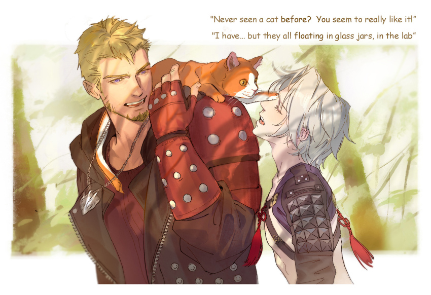 2boys animal animal_on_shoulder armor beard blonde_hair blue_eyes cat cat_on_shoulder chain chain_necklace closed_eyes coat commentary english_commentary facial_hair final_fantasy final_fantasy_vii final_fantasy_vii_ever_crisis fingerless_gloves glenn_lodbrok gloves grey_hair jewelry luluzhang998873 male_focus multiple_boys necklace open_mouth parted_bangs red_coat red_gloves sephiroth sephiroth_(celebratory_garb) sephiroth_(ever_crisis) short_hair shoulder_armor tassel upper_body
