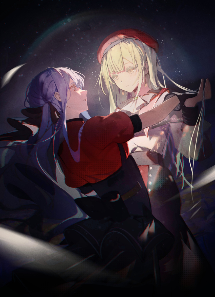 2girls absurdres arm_at_side artist_request back_bow bang_dream! bang_dream!_it&#039;s_mygo!!!!! beret black_capelet black_gloves black_overskirt black_ribbon black_skirt black_sleeve_cuffs blue_hair blunt_bangs blurry bow capelet chinese_commentary chromatic_aberration closed_mouth colored_eyelashes commentary_request commission dancing depth_of_field dot_nose earrings expressionless eye_contact face-to-face floating_hair gem gloves glowing green_gemstone green_hair hair_over_shoulder hand_up hat highres holding holding_hands holding_own_hair jewelry lens_flare light_particles light_rays long_hair long_sleeves looking_at_another mortis_(bang_dream!) mortis_(costume)_(bang_dream!) multiple_girls neck_ruff oblivionis_(bang_dream!) parted_bangs parted_lips puffy_short_sleeves puffy_sleeves red_capelet red_hat red_shirt ribbon ribbon_hair second-party_source shirt short_sleeves skirt togawa_sakiko wakaba_mutsumi white_shirt yellow_eyes