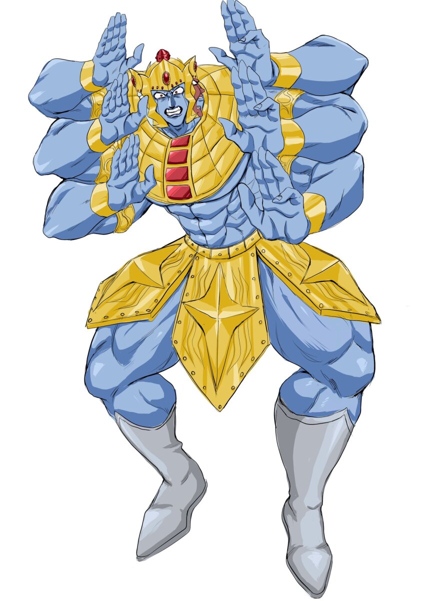 1boy abs armlet armor artist_request ashuraman biceps extra_arms full_body groin helmet highres jewelry kaiji kinnikuman large_pectorals manly monster_boy multiple_faces muscular parody pectorals solo