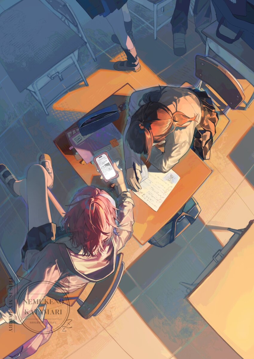 1boy 3girls bag black_pants black_skirt black_socks blunt_bangs brown_hair cellphone chair classroom commentary_request desk from_above highres holding holding_pen holding_phone hood hooded_jacket indoors jacket long_hair long_sleeves multiple_girls nemuke2828 open_clothes open_jacket original pants pen pencil_case phone pink_jacket ponytail red_hair school_bag school_desk shirt shoes short_hair sitting skirt smartphone socks white_shirt white_shoes