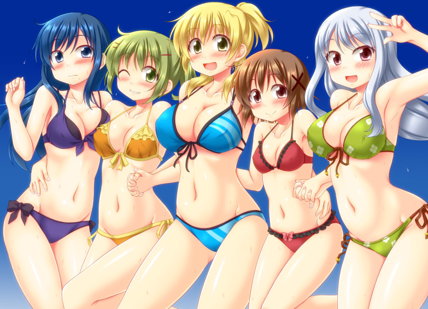 5girls bikini blonde_hair blue_background blue_bikini blue_eyes blue_hair blush breasts brown_eyes brown_hair cleavage cowboy_shot floral_print front-tie_top gradient_background green_bikini green_eyes green_hair hair_ornament hairclip halterneck hidamari_sketch highres large_breasts long_hair looking_at_viewer mami_(hidamari_sketch) matsuri_(hidamari_sketch) medium_breasts miyako_(hidamari_sketch) multiple_girls nakayama_(hidamari_sketch) navel one_eye_closed one_side_up open_mouth ponytail purple_bikini red_bikini red_eyes short_hair side-tie_bikini_bottom silver_hair smile string_bikini swimsuit utomo x_hair_ornament yellow_eyes yuno_(hidamari_sketch)