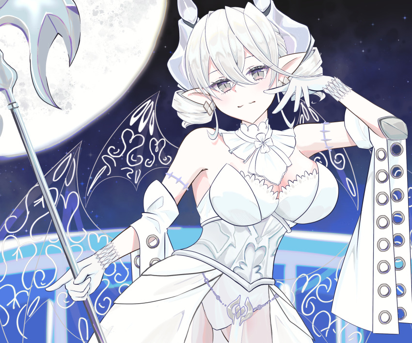 1girl armored_corset balcony bardiche_(weapon) breasts cleavage collar commentary_request corset cowboy_shot crossed_bangs demon_girl demon_horns demon_wings dress drill_hair duel_monster earrings gloves grey_eyes hair_between_eyes hand_up highres holding holding_weapon horns jewelry large_breasts looking_at_viewer lovely_labrynth_of_the_silver_castle low_wings moon multiple_wings night night_sky pointing pointing_down pointy_ears polearm short_hair short_sleeves sira_tise sky sleeveless sleeveless_dress slit_pupils split_mouth transparent_wings twin_drills twintails weapon white_collar white_corset white_dress white_gloves white_hair white_sleeves wide_sleeves wings yu-gi-oh!