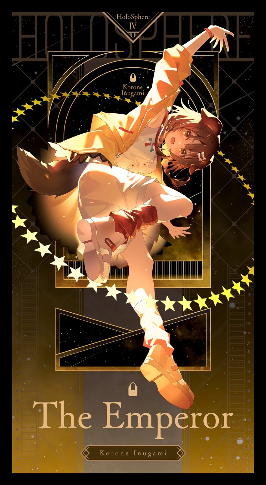 1girl absurdres ahoge animal_collar animal_ears blush bone_hair_ornament braid breasts brown_eyes brown_hair card_(medium) cartoon_bone collar crossed_bangs dog_ears dog_girl dog_tail double-parted_bangs dress full_body hair_ornament highres hololive inugami_korone inugami_korone_(1st_costume) ishihara_(kuniyoshi) jacket long_hair looking_at_viewer low_twin_braids open_mouth platform_footwear red_collar red_socks sidelocks smile socks solo star_(symbol) tail tarot tarot_(medium) the_emperor_(tarot) twin_braids virtual_youtuber white_dress yellow_jacket