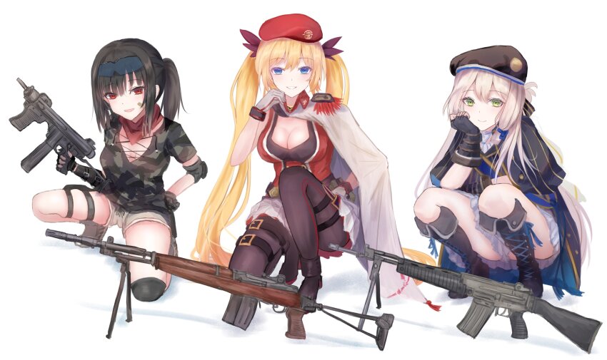 3girls absurdres ar70_(girls&#039;_frontline) assault_rifle beret beretta_ar70/90 beretta_bm_59 beretta_m12 bipod blonde_hair blue_eyes bm59_(girls&#039;_frontline) girls&#039;_frontline green_eyes gun hat highres holding holding_gun holding_weapon long_hair looking_at_viewer m12_(girls&#039;_frontline) martinreaction multiple_girls on_one_knee red_eyes rifle side_ponytail squatting submachine_gun thigh_strap twintails very_long_hair weapon white_background