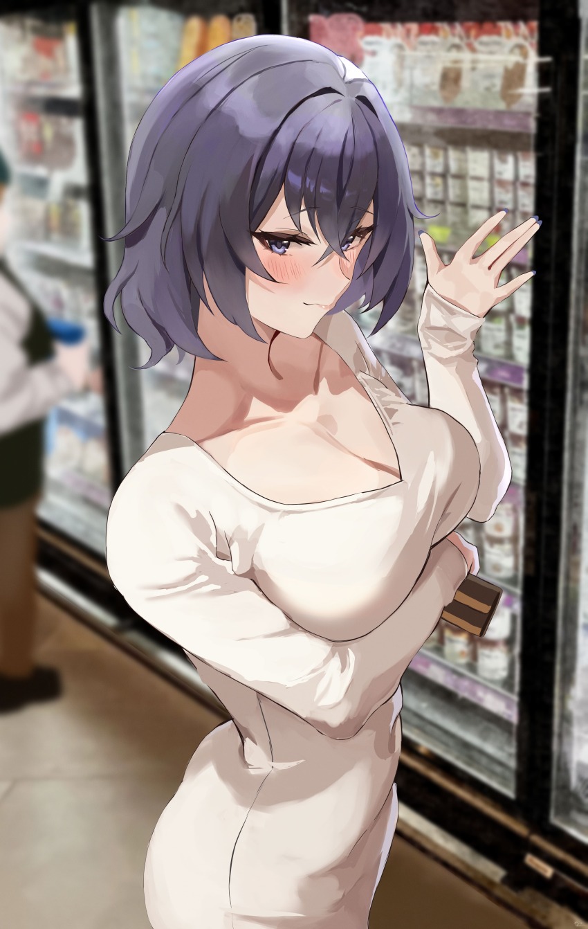 1girl 1other absurdres arm_under_breasts blush breasts cleavage collarbone commentary_request dress hair_intakes highres indoors large_breasts long_sleeves looking_at_viewer original purple_eyes purple_hair short_hair smile solo_focus taut_clothes taut_dress v-neck white_dress yato_(yama0x1)