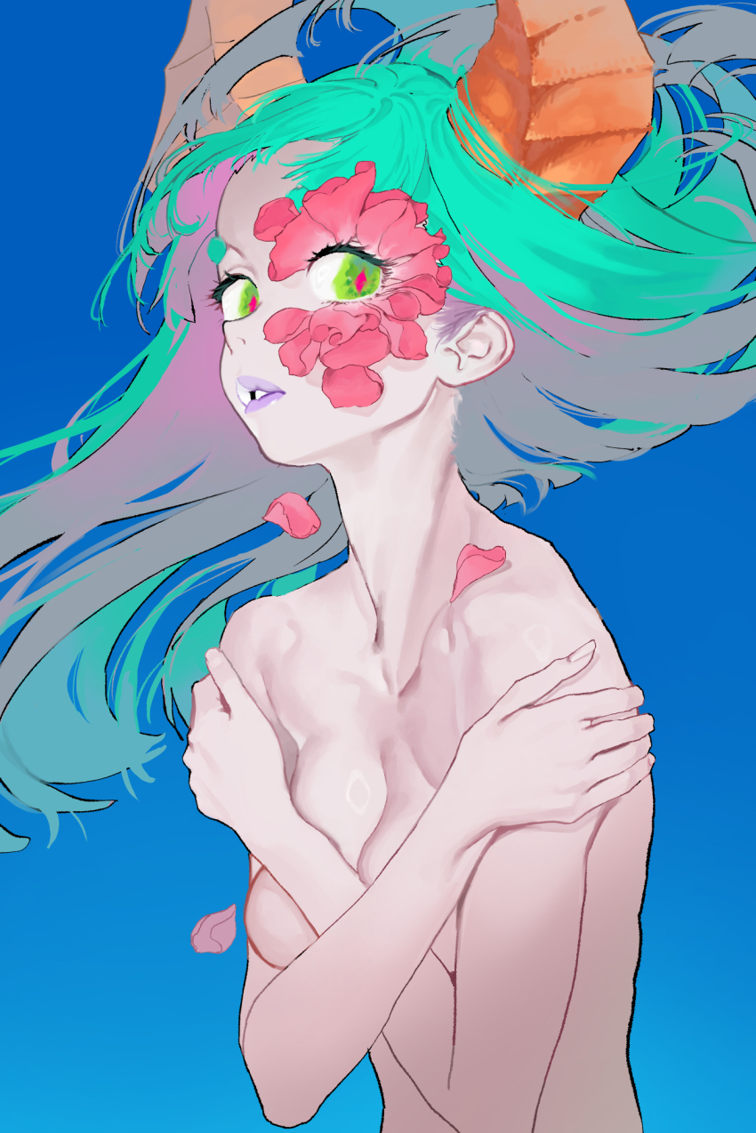 1girl aqua_hair blue_background breasts completely_nude covering_breasts covering_privates dragon_girl dragon_horns green_eyes highres horns long_hair looking_at_viewer medium_breasts nahia_(some1else45) nude orange_horns original parted_lips pink_petals purple_lips red_pupils solo some1else45