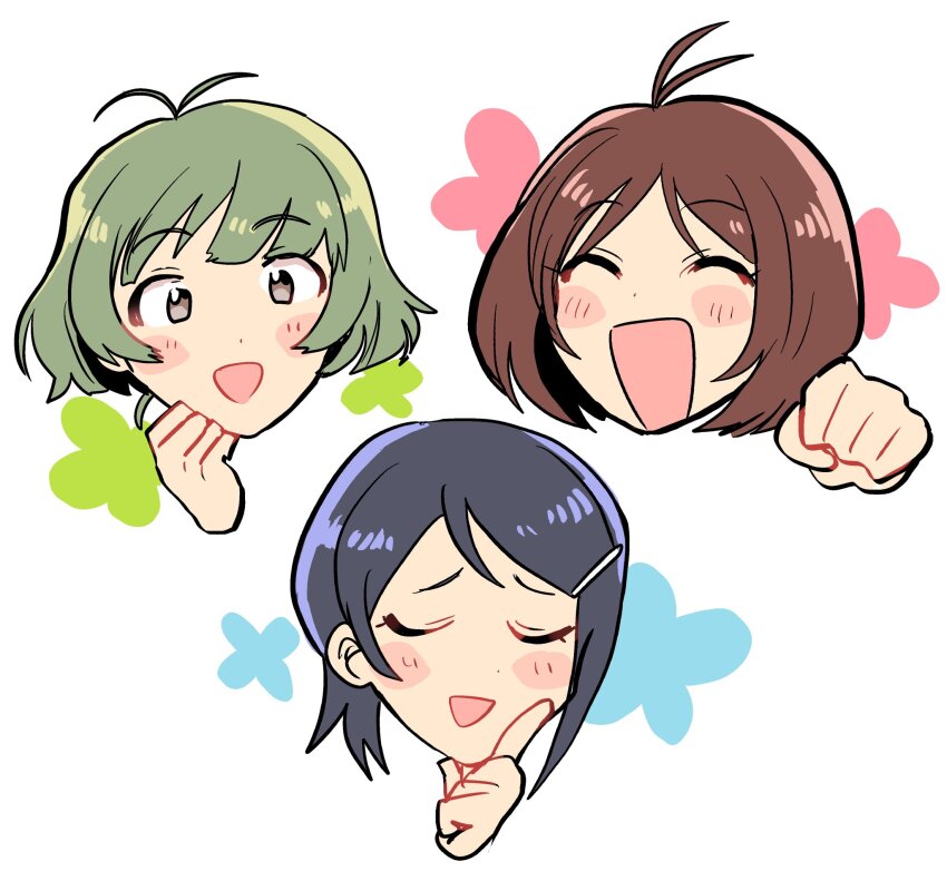 1boy 2girls akizuki_ryo antenna_hair blue_hair blush brown_eyes brown_hair clenched_hand closed_eyes dearly_stars_(idolmaster) dot_nose hair_ornament hairclip head_only hidaka_ai highres hiziki723 idolmaster idolmaster_dearly_stars index_finger_raised mizutani_eri multiple_girls open_mouth short_hair smile trap white_background