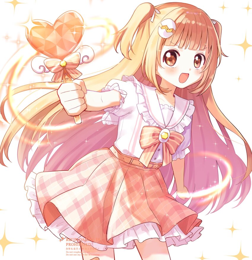 1girl :d belt belt_buckle blunt_bangs blush bow bowtie brooch buckle collared_shirt commentary_request cowboy_shot egg_hair_ornament food-themed_hair_ornament frilled_shirt_collar frilled_skirt frilled_sleeves frills gem hair_ornament hair_ribbon heart_wand highres holding holding_wand jewelry kirara_tamako kirara_tamako_(2nd_costume) long_hair looking_at_viewer nijisanji official_alternate_costume open_mouth orange_eyes orange_hair outstretched_arm pink_belt pink_bow pink_bowtie pink_skirt plaid_clothes plaid_skirt puffy_short_sleeves puffy_sleeves ribbon shirt short_sleeves sidelocks skirt smile solo sparkle standing two_side_up v-shaped_eyebrows very_long_hair virtual_youtuber wand watermark white_background white_ribbon white_shirt yellow_gemstone yotsuba_kuro