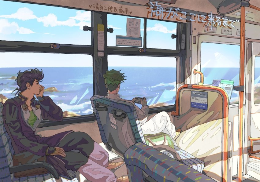2boys black_hair diamond_wa_kudakenai green_hair higashikata_josuke jojo_no_kimyou_na_bouken kilva_lollop kishibe_rohan looking_outside multiple_boys ocean pompadour school_uniform sitting translation_request window