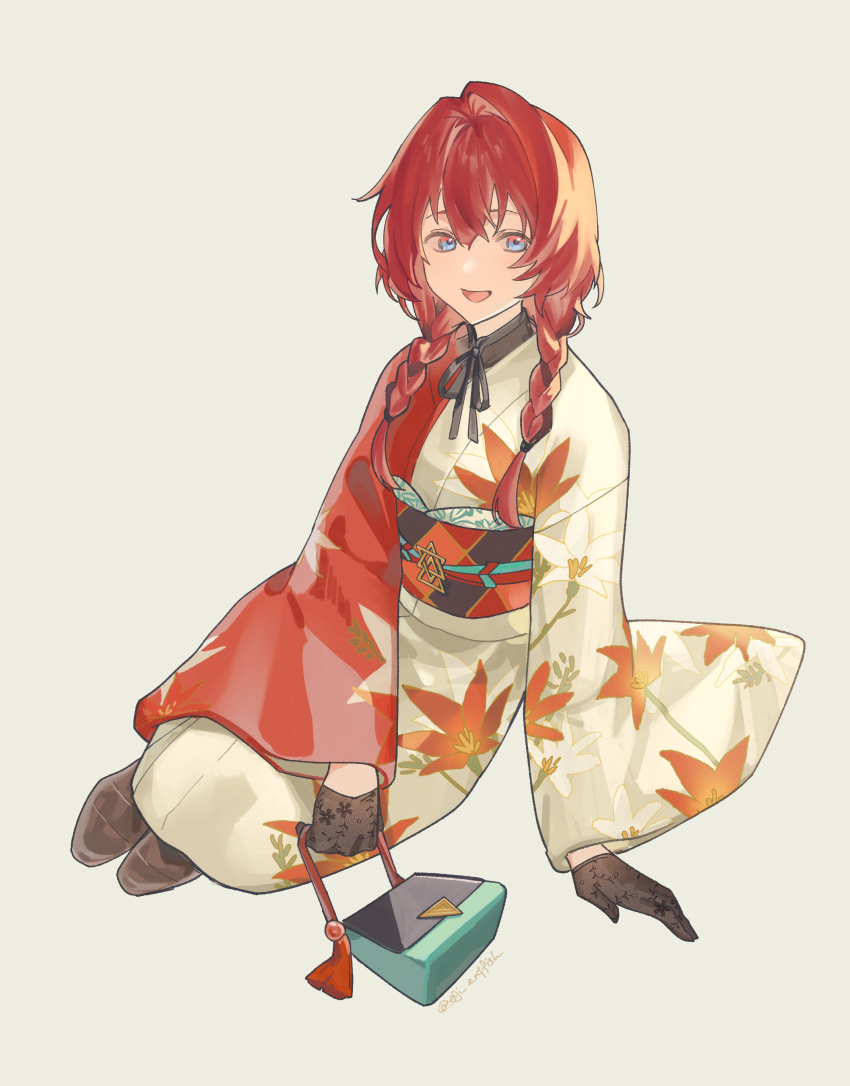 :d absurdres aji_(eatfishfly) ange_katrina ange_katrina_(new_year) arm_support bag black_gloves black_sash blue_eyes floral_print floral_print_gloves floral_print_kimono furisode gloves green_bag grey_background hair_between_eyes half_gloves handbag hashtag-only_commentary highres holding holding_bag japanese_clothes kimono lace lace_gloves long_bangs long_hair looking_at_viewer low_twintails multicolored_eyes multicolored_hair multicolored_sash nijisanji obi obiage obijime open_mouth orange_sash print_kimono red_eyes red_hair red_kimono red_sash sash simple_background single_hair_intake sitting smile tassel twintails twitter_username two-tone_eyes two-tone_hair virtual_youtuber white_kimono yokozuwari