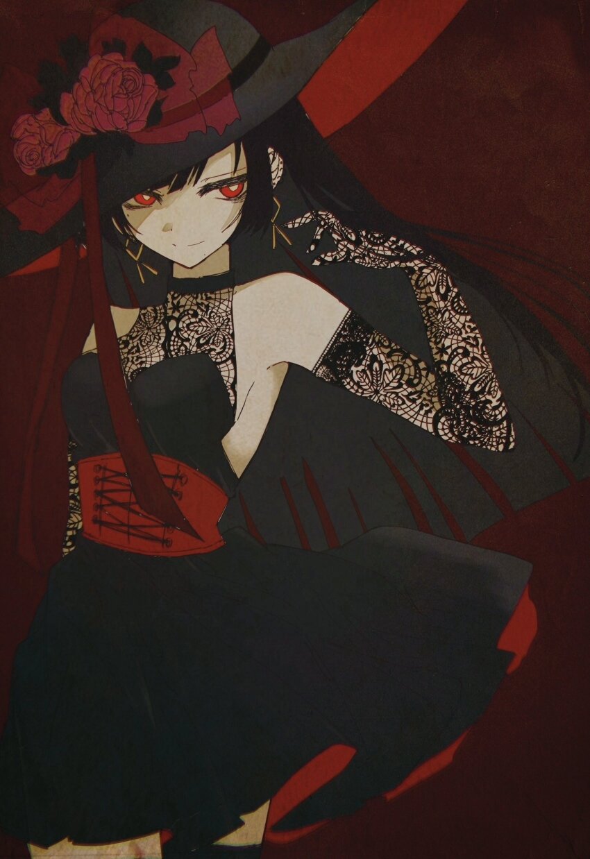 1girl black_dress black_hair black_hat bright_pupils dress earrings elbow_gloves flower flower_hat gloves hat highres jewelry light_smile long_hair original red_background red_eyes solo washiya0
