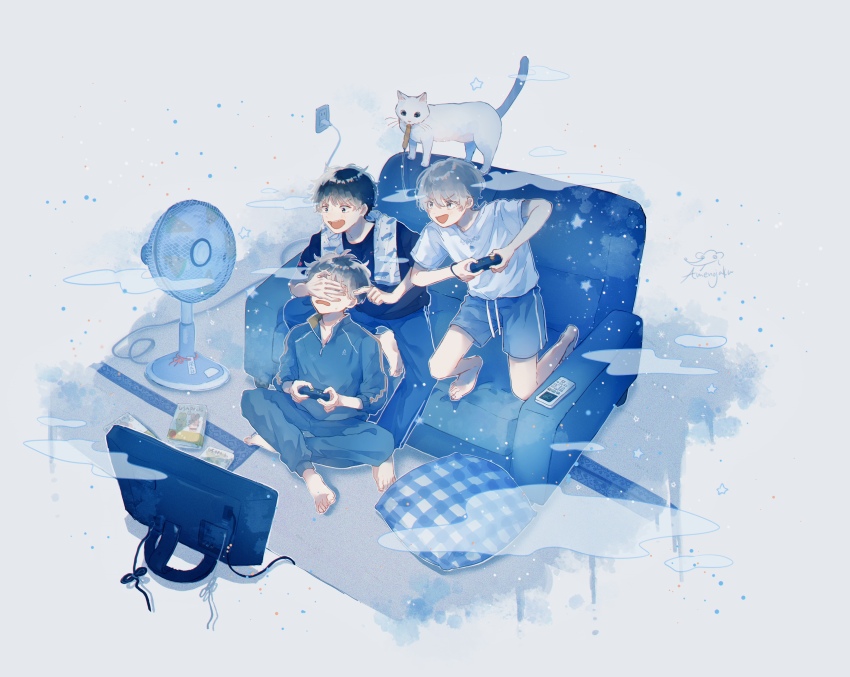 3boys :d absurdres amenojaku barefoot black_hair black_shirt blue_jacket blue_pants blue_shorts blue_theme bracelet cat commentary_request controller couch covering_another&#039;s_eyes crossed_legs cushion electric_fan electric_plug electrical_outlet frown full_body game_controller grey_hair highres holding holding_controller holding_game_controller jacket jewelry male_focus multiple_boys open_mouth original pants shirt short_hair shorts signature smile splatter television white_shirt