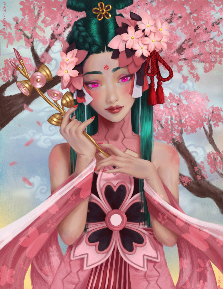 1girl absurdres braid branch cherry_blossoms closed_mouth commentary danutza facial_mark flower forehead_mark green_hair hair_flower hair_ornament highres konohana_sakuya_(megami_tensei) long_hair pink_eyes pink_flower red_lips shin_megami_tensei shin_megami_tensei_v shin_megami_tensei_v:_vengeance solo