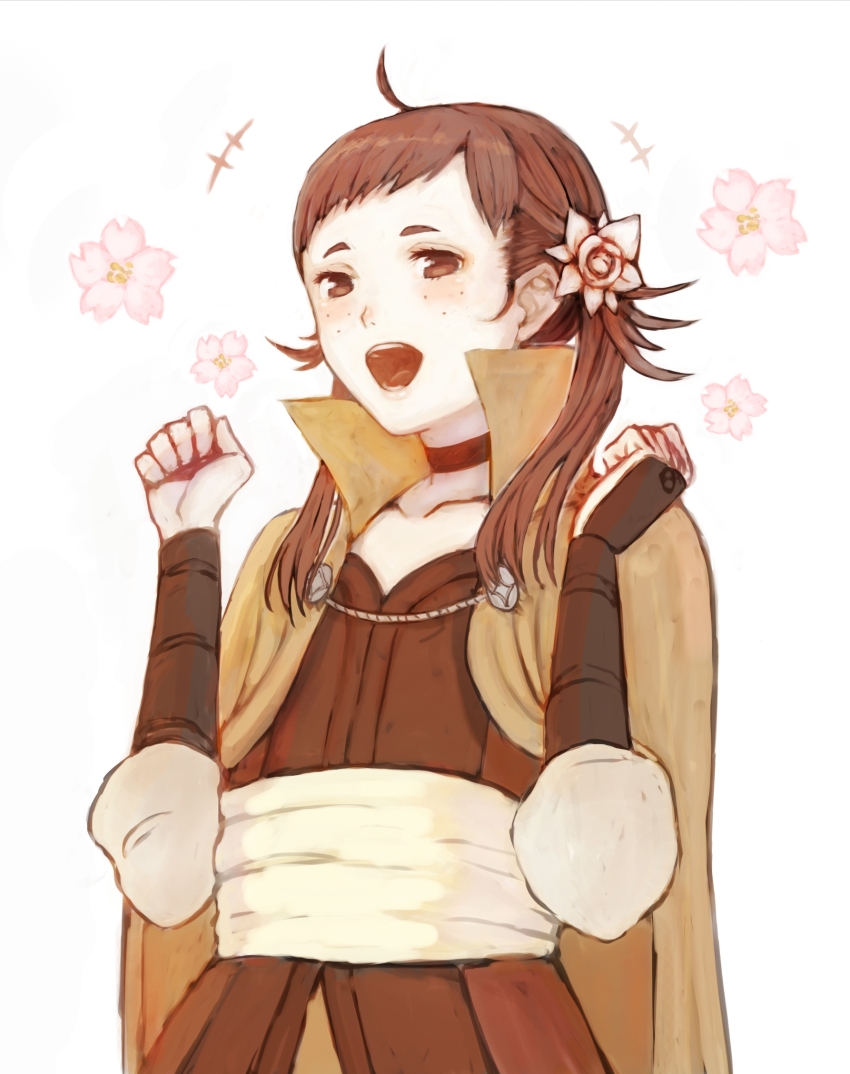 1girl ahoge brown_eyes brown_hair cloak colk collared_cloak fire_emblem fire_emblem_fates flower freckles hair_flower hair_ornament highres mozu_(fire_emblem) nintendo open_mouth short_bangs teeth white_flower wrist_guards