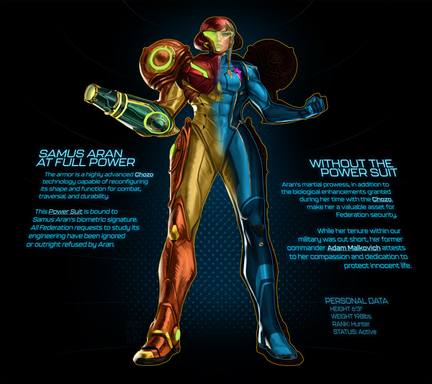 1girl abs arm_cannon armor blonde_hair blue_bodysuit blue_eyes bodysuit braid clenched_hands cross-section directed-energy_weapon energy_cannon energy_weapon english_text height highres max_kay metroid mole mole_under_mouth muscular muscular_arms muscular_female nintendo power_armor power_suit_(metroid) samus_aran single_braid solo varia_suit weapon weight zero_suit