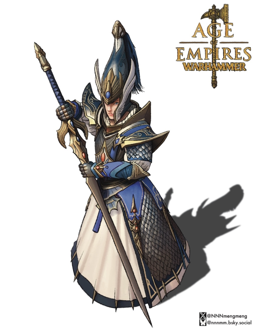 1other age_of_empires_(series) age_of_empires_i androgynous armor armored_dress artist_name blue_eyes closed_mouth commentary crossover dress elf english_commentary from_above full_armor full_body gauntlets greatsword helmet highres holding holding_sword holding_weapon huge_weapon lips looking_at_viewer nnnmengmeng pauldrons pointy_ears shadow shoulder_armor simple_background sword total_war total_war:_warhammer total_war:_warhammer_2 warhammer_fantasy weapon white_background