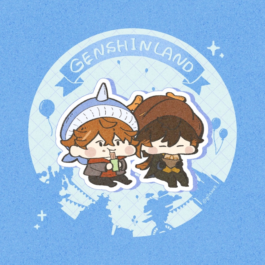 2boys chibi dimples eating genshin_impact gils3105 highres mora_meat_(genshin_impact) multiple_boys tartaglia_(genshin_impact) twitter zhongli_(genshin_impact)