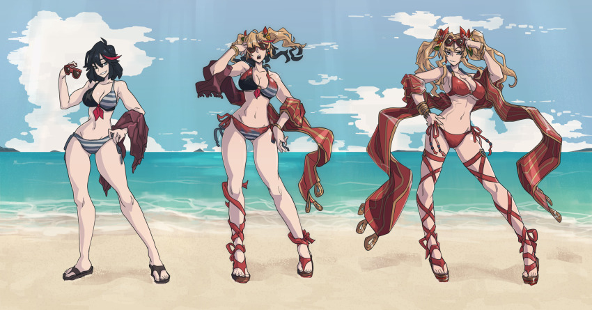2girls adjusting_eyewear beach bikini black_footwear black_hair blue_bikini bow bracelet breasts cloud collarbone colored_tips commentary english_commentary eyewear_on_head flip-flops gluteal_fold granblue_fantasy hair_bow hand_on_eyewear hand_on_own_hip high_heel_sandals highres holding holding_removed_eyewear jewelry kamuify kill_la_kill looking_at_viewer matoi_ryuuko medium_breasts midriff multicolored_hair multiple_girls navel ocean official_alternate_costume open_mouth parted_lips red_bikini red_bow red_footwear sandals sequential short_hair smile smirk streaked_hair striped_bikini striped_clothes sunglasses swimsuit transformation twintails unworn_eyewear zeta_(granblue_fantasy) zeta_(summer)_(granblue_fantasy)