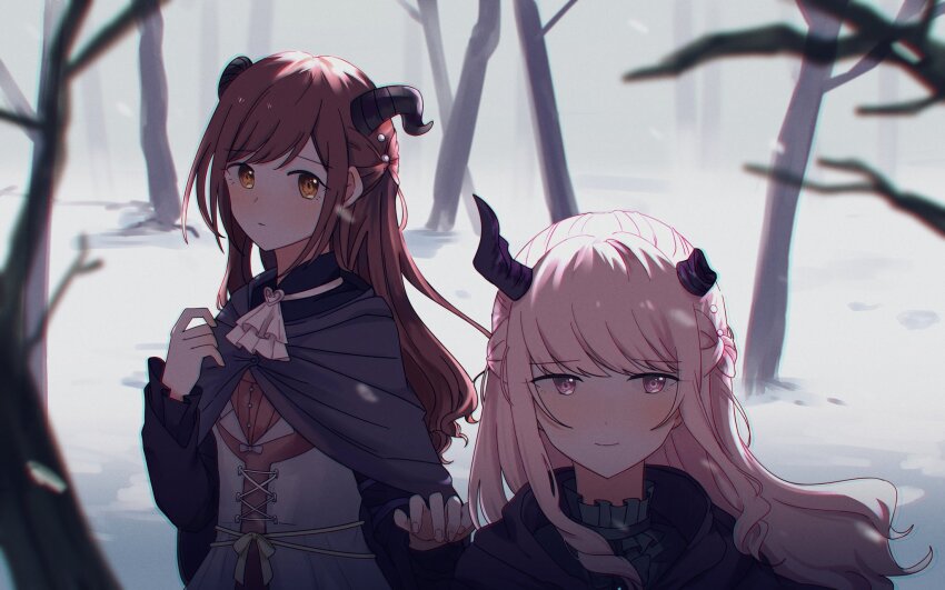 1girl 1other akiyama_mizuki ascot asymmetrical_horns bare_tree black_horns black_sleeves blurry boku_no_ashiato_kimi_no_yukusaki_(project_sekai) broken_horn brown_eyes brown_hair capelet closed_mouth collar collared_capelet commentary corset cross-laced_clothes cross-laced_corset curled_horns depth_of_field fingernails frilled_collar frilled_sleeves frills grey_capelet hand_up highres horns kyline light_blush light_smile long_hair long_sleeves looking_at_another looking_at_viewer official_alternate_costume official_alternate_hair_length official_alternate_hairstyle outdoors pink_eyes pink_hair project_sekai reaching reaching_towards_another ribbon shinonome_ena snow swept_bangs tree waist_ribbon white_ascot white_corset yellow_ribbon