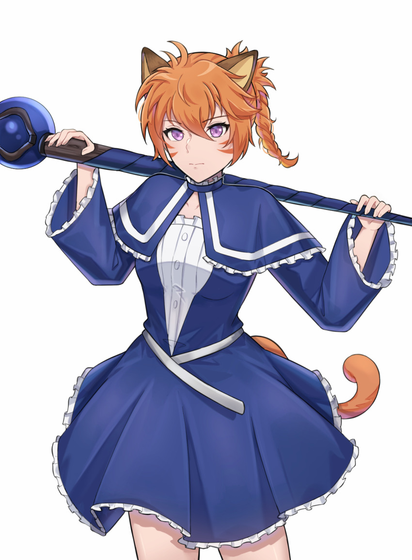 1girl alternate_costume animal_ears bad_source blue_dress blue_skirt braid cat_ears cat_girl cat_tail closed_mouth commission commissioner_upload dress facepaint fire_emblem fire_emblem:_path_of_radiance fire_emblem:_radiant_dawn frown highres lawine_(sousou_no_frieren) looking_at_viewer lyre_(fire_emblem) nintendo orange_hair purple_eyes skirt solo staff tail white_background witchi