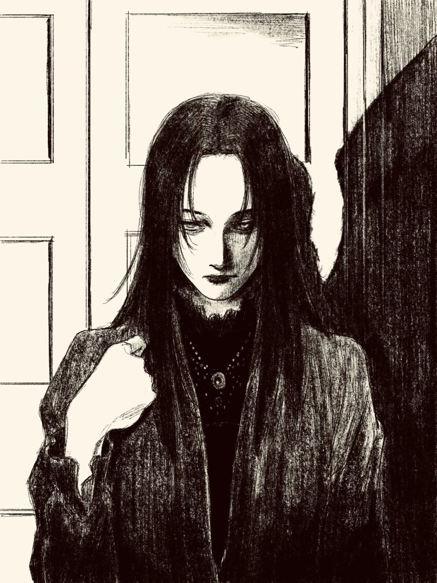 1girl black_hair cropped_torso greyscale highres jewelry long_hair long_sleeves looking_at_viewer monochrome necklace original sliding_doors solo straight-on tp_p_pt upper_body