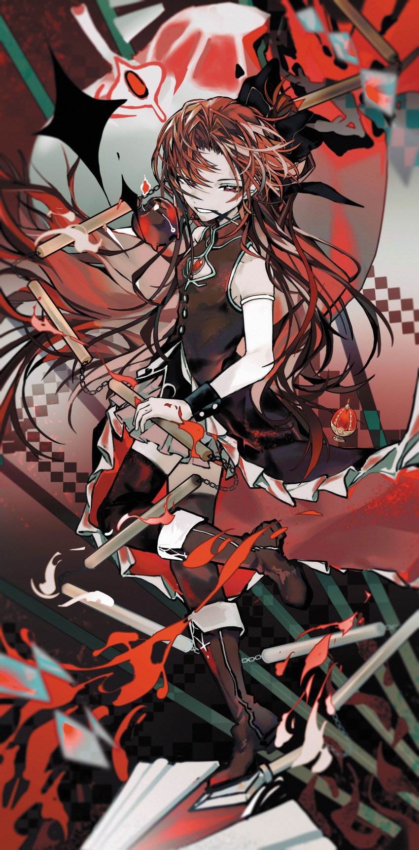 1girl absurdres apple black_shirt black_thighhighs black_wrist_cuffs boots buttons chest_jewel chinese_commentary cleavage_cutout clothing_cutout collared_dress commentary_request detached_sleeves dress fire floating_clothes floating_hair food food_in_mouth frilled_dress frills fruit full_body gem grin hair_down high_collar highres holding holding_weapon knee_boots long_dress long_hair long_sleeves looking_at_viewer magical_girl mahou_shoujo_madoka_magica mahou_shoujo_madoka_magica_(anime) miniskirt nunchaku open_clothes open_dress pink_skirt pleated_skirt pocky pocky_in_mouth point3q polearm red_background red_boots red_dress red_eyes red_gemstone red_hair red_theme sakura_kyoko sakura_kyoko_(magical_girl) shirt skirt skirt_under_dress sleeveless sleeveless_dress smile solo spear thighhighs very_long_hair weapon white_sleeves wrist_cuffs