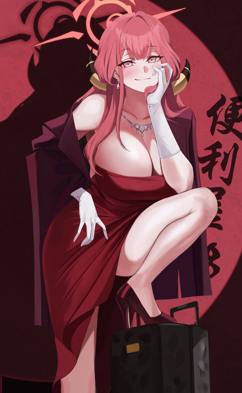 1girl absurdres aru_(blue_archive) aru_(dress)_(blue_archive) blue_archive blush breasts cleavage closed_mouth collarbone commentary_request demon_girl demon_horns diamond_necklace dress earrings elbow_gloves evening_gown feet_out_of_frame gcg gloves halo hand_on_own_chin high_heels highres horns jacket jacket_on_shoulders jewelry legs long_hair looking_at_viewer medium_breasts necklace official_alternate_costume pink_eyes pink_hair pink_halo red_background red_dress red_jacket shadow sidelocks simple_background smile solo standing strapless strapless_dress white_gloves