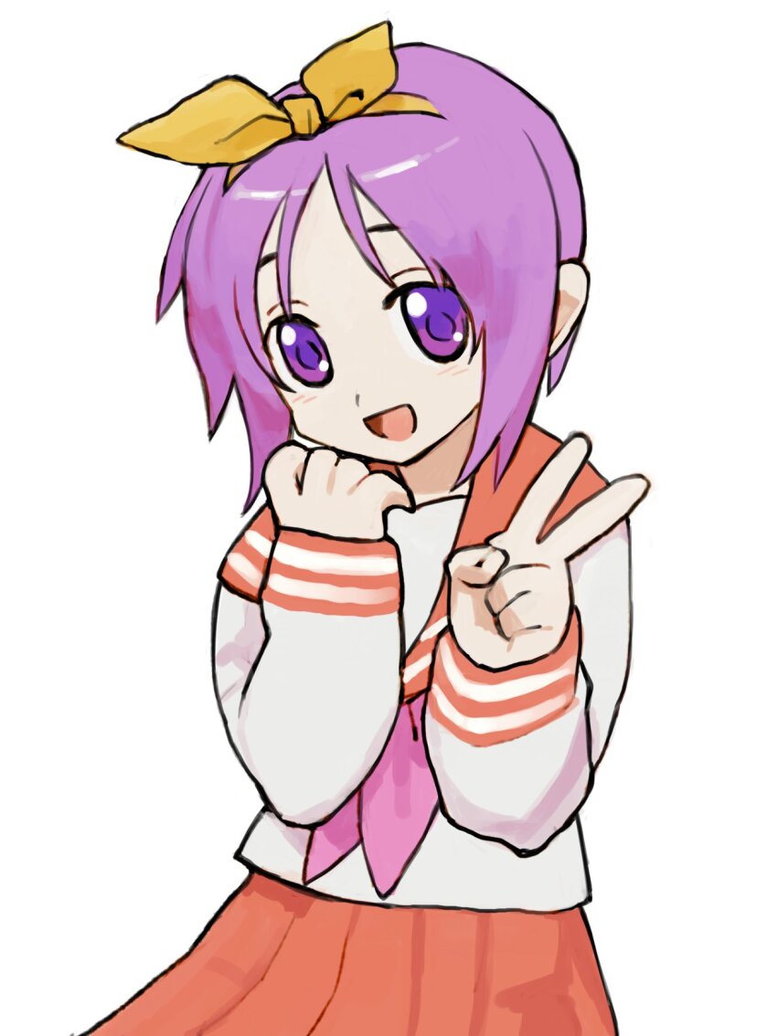 1girl :d gan2 hairband hands_up highres hiiragi_tsukasa long_sleeves lucky_star neckerchief open_mouth pink_neckerchief pleated_skirt purple_eyes purple_hair red_sailor_collar red_skirt ryouou_school_uniform sailor_collar school_uniform serafuku shirt short_hair simple_background skirt smile solo v white_background white_shirt yellow_hairband