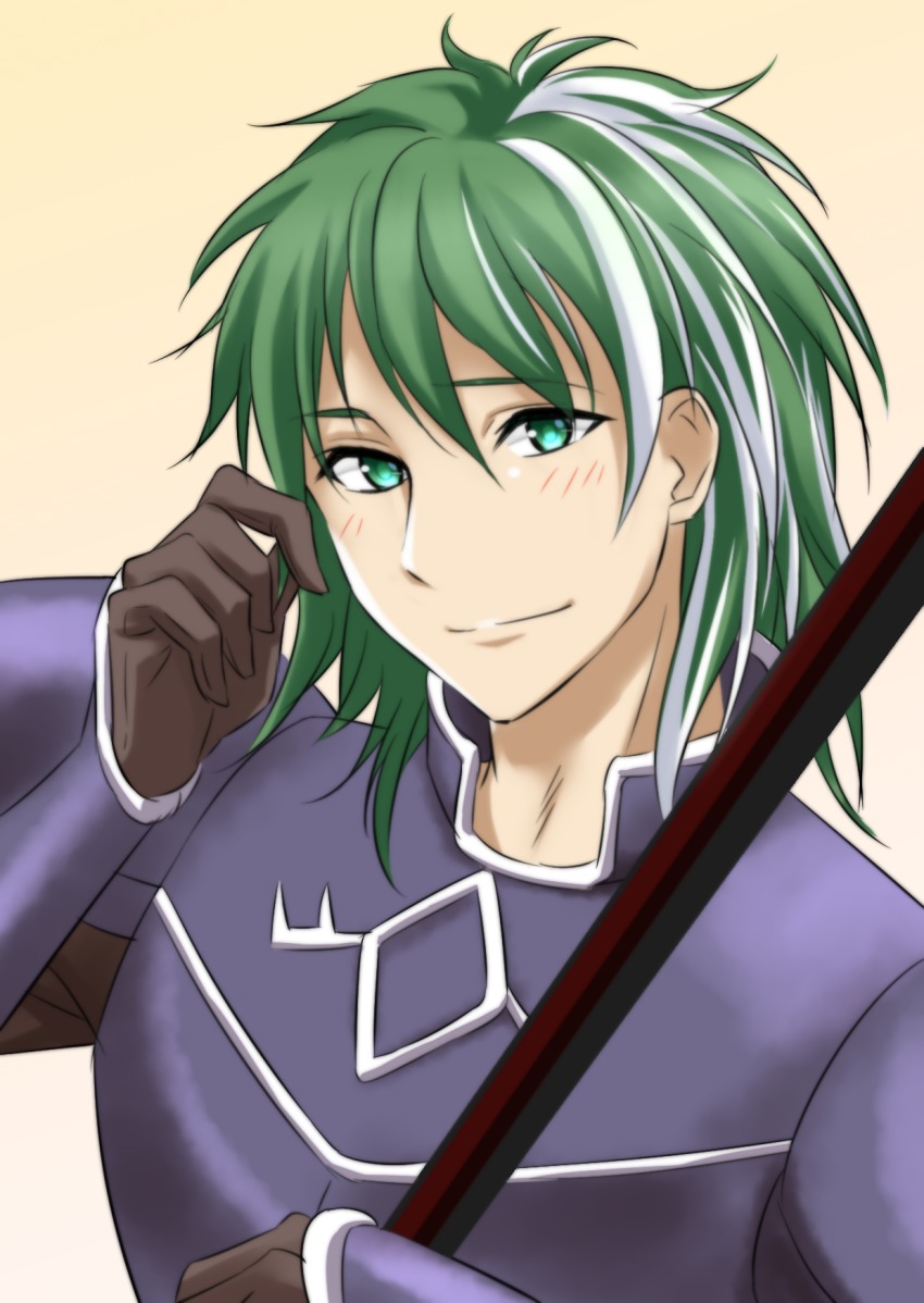 1boy armor blush fire_emblem fire_emblem:_the_blazing_blade gloves green_eyes green_hair heath_(fire_emblem) highres kakiko210 long_hair male_focus multicolored_hair nintendo polearm simple_background solo spear two-tone_hair weapon white_hair yellow_background