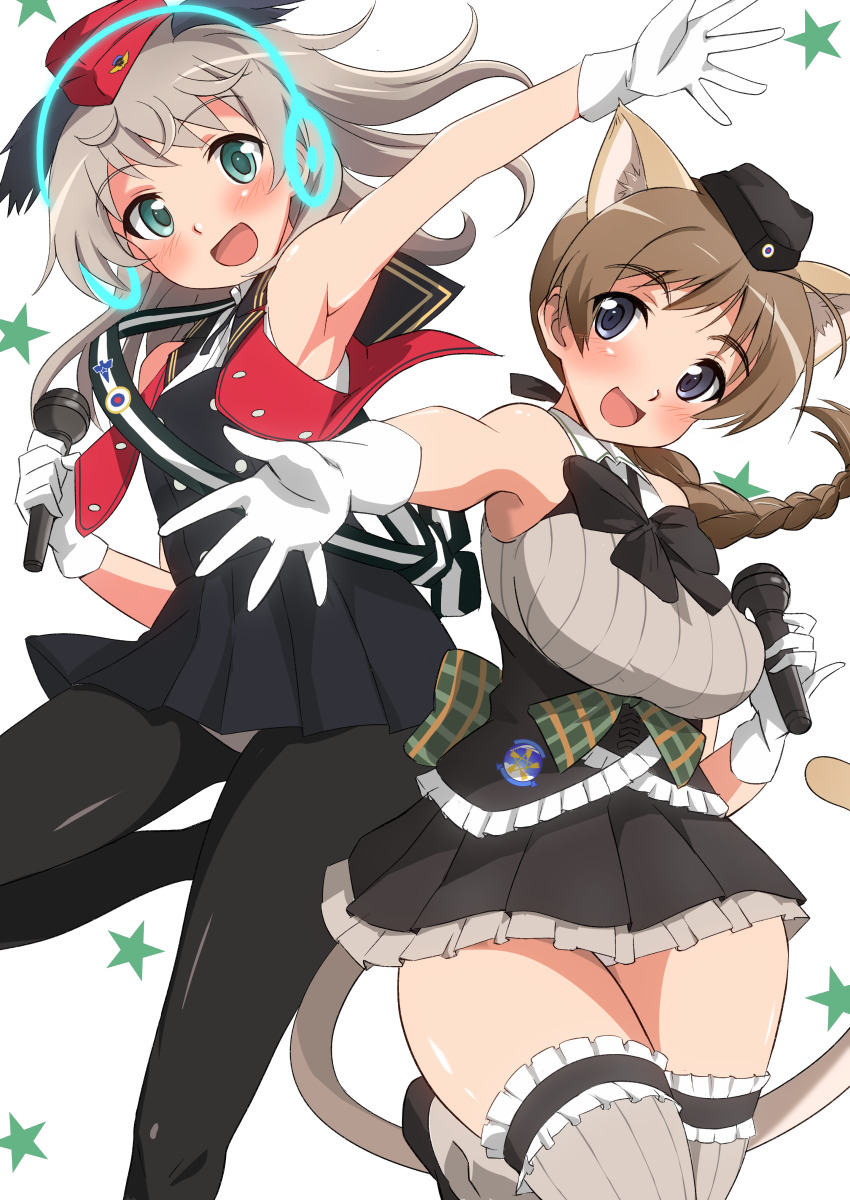 2girls 501st_joint_fighter_wing_(emblem) :d absurdres alternate_costume animal_ears arm_up black_border black_dress black_footwear black_headwear black_legwear black_neckwear black_skirt blouse blue_eyes border braid braided_ponytail breasts brown_hair cat_ears cat_tail collared_shirt dress frilled_legwear frilled_skirt frills garrison_cap gloves green_eyes grey_legwear grey_shirt halterneck hat headphones highres holding holding_microphone idol large_breasts leg_up light_brown_hair long_hair looking_at_viewer luminous_witches lynette_bishop medium_hair microdress microphone microskirt multiple_girls open_mouth panties panties_under_pantyhose pantyhose pantyshot red_headwear red_vest roundel sash shirt simple_background single_braid skirt sleeveless sleeveless_shirt smile standing standing_on_one_leg star_(symbol) strike_witches tail tricky_46 underbust underwear vest virginia_robertson white_background white_gloves world_witches_series