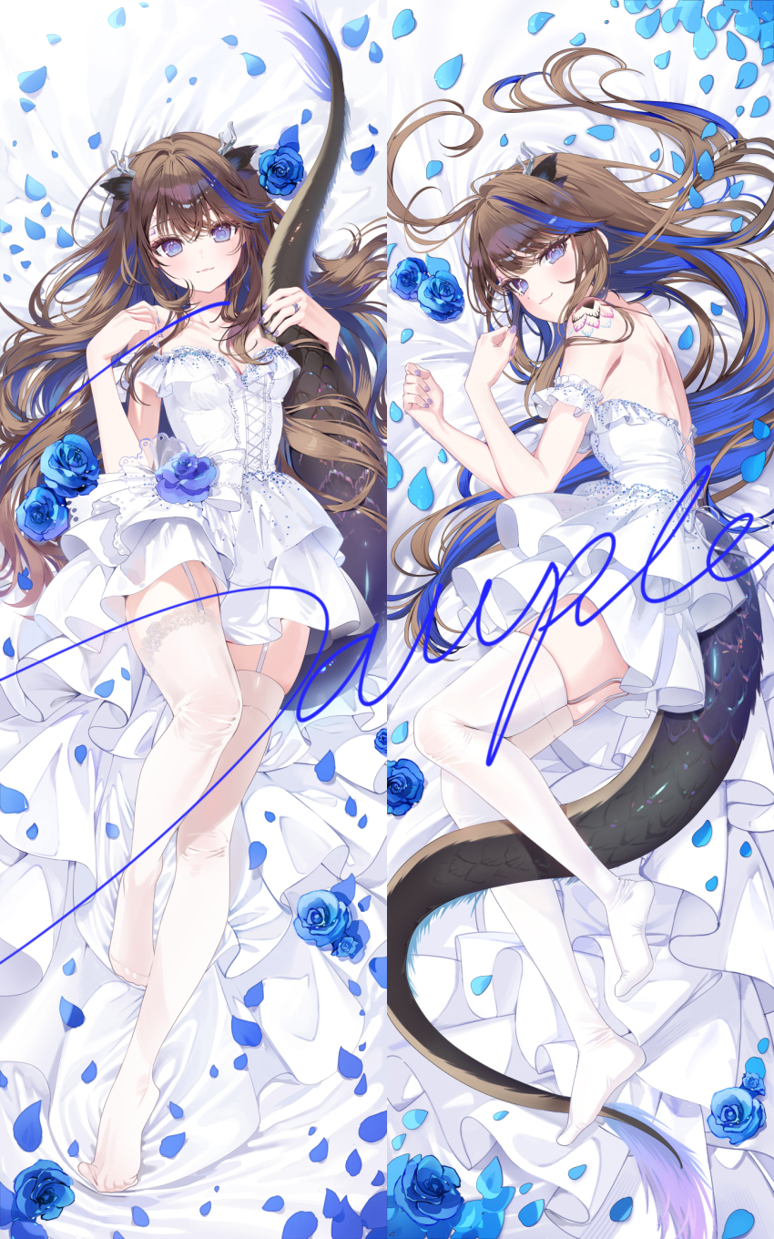 1girl a20_(atsumaru) airi_kanna blue_flower blue_hair blue_rose brown_hair closed_mouth dakimakura_(medium) dragon_girl dragon_horns dragon_tail dress dress_flower flower garter_straps hands_up highres horns hugging_own_tail hugging_tail long_hair looking_at_viewer lying multicolored_hair on_back on_side rose sample_watermark short_sleeves smile stellive streaked_hair tail thighhighs virtual_youtuber watermark white_dress white_thighhighs