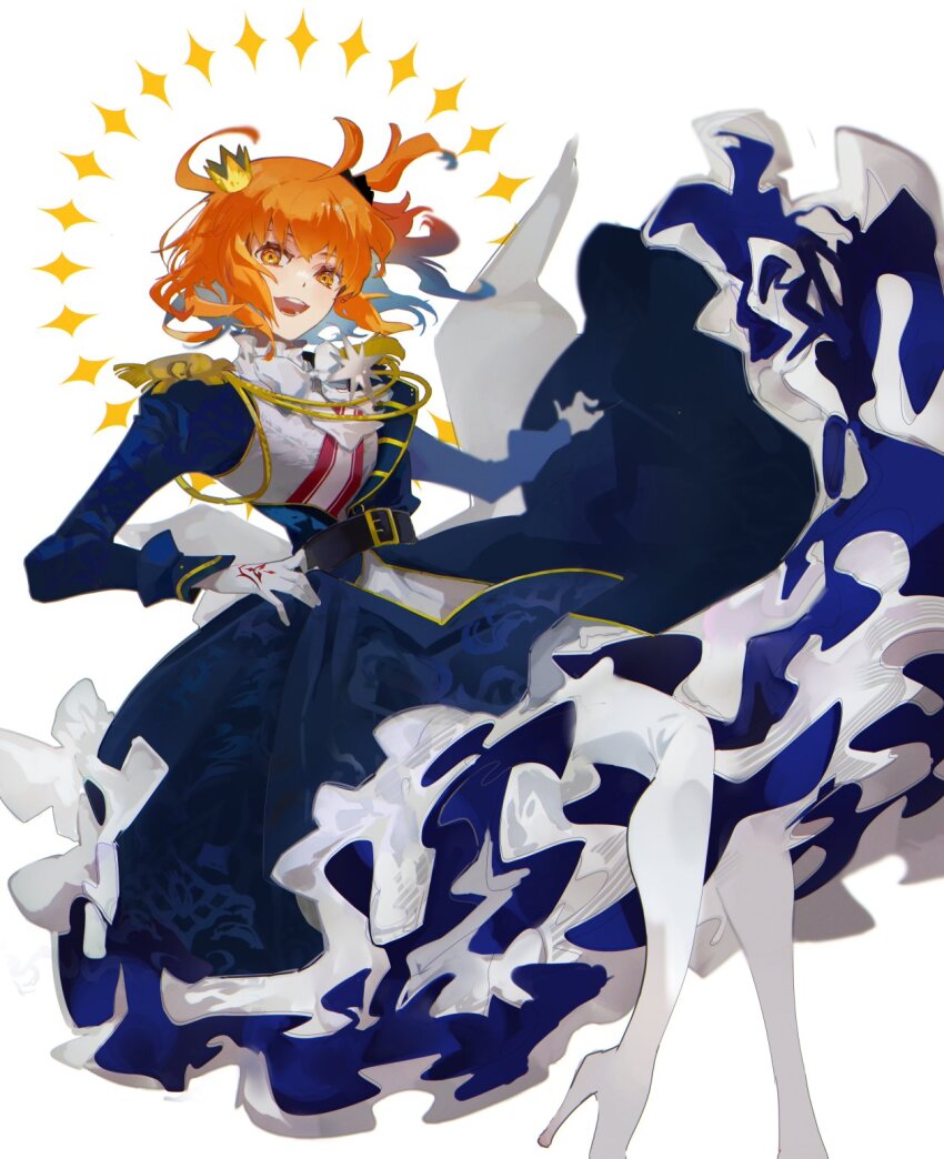 1girl ahoge black_scrunchie command_spell crown fate/grand_order fate_(series) frills fujimaru_ritsuka_(female) fujimaru_ritsuka_(female)_(halloween_royalty) gloves hanako_(onikutabetaiyo) high_heels highres long_skirt orange_eyes orange_hair scrunchie shoes shoulder_pads side_ponytail skirt white_background white_gloves