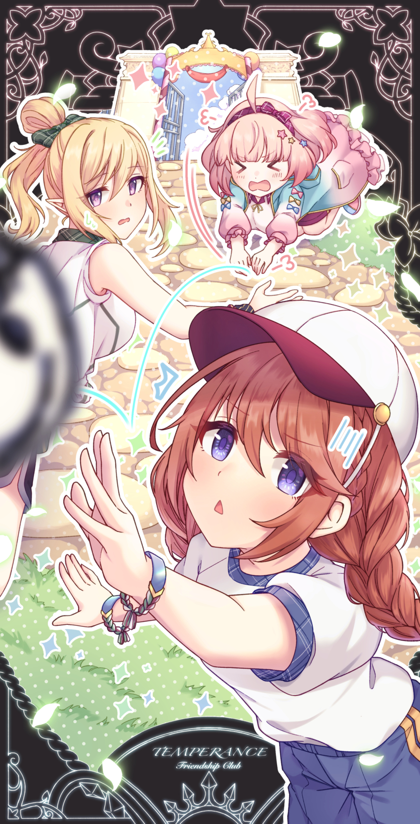 3girls absurdres ahoge altheavin baseball_cap black_choker blonde_hair blue_bow blue_shorts bow bow_hairband braid chieru_(princess_connect!) chieru_(school_festival)_(princess_connect!) chloe_(princess_connect!) chloe_(school_festival)_(princess_connect!) choker elf gradient_clothes gradient_jacket green_bow gym_shirt gym_shorts gym_uniform hair_bow hair_ornament hairband hat highres hood hoodie jacket multicolored_hoodie multiple_girls pink_hair pink_hairband plaid_bow plaid_clothes plaid_collar plaid_hairband pointy_ears princess_connect! red_hairband red_shorts shirt shorts side-tie_shirt star_(symbol) star_hair_ornament tarot temperance_(tarot) tied_shirt twin_braids white_hat yuni_(princess_connect!) yuni_(school_festival)_(princess_connect!)