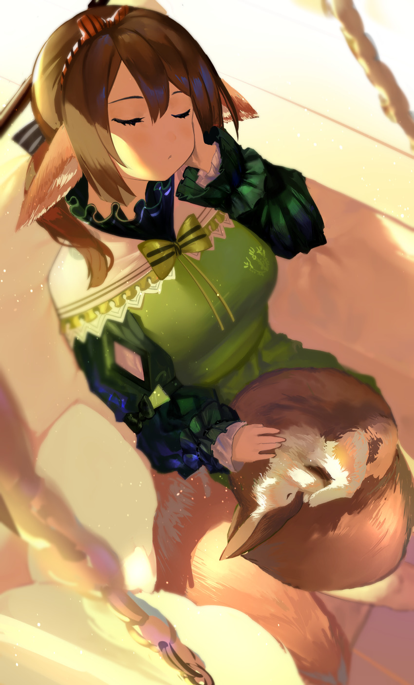 024th 1girl absurdres animal animal_ears animal_on_lap arknights bow breasts brown_hair chinese_commentary closed_eyes commentary_request dress fox fox_ears fox_girl fox_tail from_above green_bow green_dress hair_between_eyes hair_bow hairband hand_on_own_cheek hand_on_own_face hand_up head_rest highres large_breasts long_hair long_sleeves official_alternate_costume on_lap orange_bow orange_hairband parted_lips perfumer_(arknights) perfumer_(leisurely_afternoon)_(arknights) ponytail sitting sleeping solo striped_bow striped_clothes striped_hairband tail