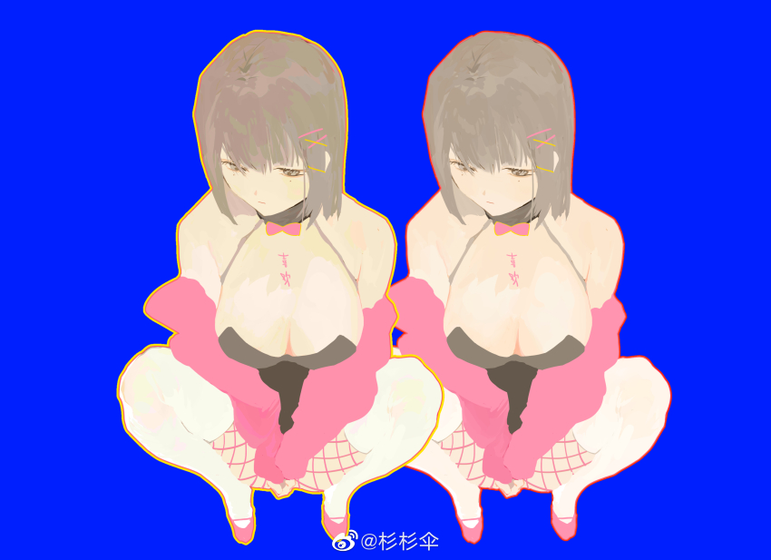 1girl bare_shoulders black_collar black_leotard blue_background bow bowtie breasts brown_eyes brown_hair chinese_commentary closed_mouth clothes_writing collar commentary_request detached_collar downturned_eyes expressionless eyelashes fishnet_pantyhose fishnets full_body hair_ornament hairclip half-closed_eyes high_collar highres jacket jacket_partially_removed kamu_(poulro) knees large_breasts layered_legwear leotard long_sleeves low_neckline mary_janes medium_hair mole mole_under_each_eye mole_under_eye multiple_moles original outline pantyhose pink_bow pink_bowtie pink_jacket pink_pantyhose pink_shoes red_outline see-through_clothes see-through_thighhighs shoes simple_background sleeves_past_fingers sleeves_past_wrists squatting strapless strapless_leotard thighhighs traditional_bowtie variations watermark weibo_watermark white_thighhighs x_hair_ornament yellow_outline