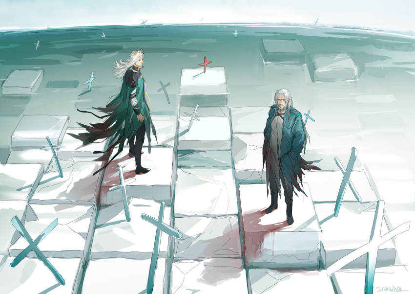 2boys absurdres aqua_coat arknights bandaged_arm bandages beard black_pants chinese_commentary coat commentary_request cross doctor_(arknights) facial_hair hands_in_pockets hellagur_(arknights) highres latin_cross long_hair long_sleeves male_doctor_(arknights) male_focus multiple_boys mustache open_clothes open_coat pants planted profile robe scornine standing torn_clothes torn_coat torn_robe white_hair white_robe wide_shot