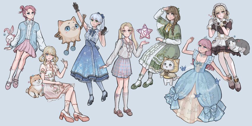 &gt;_&lt; 6+girls :t absurdres ahoge alternate_color alternate_costume alternate_hair_color alternate_hairstyle animal animal_ears animal_print ankle_boots ankle_socks apron aqua_eyes arm_up back_bow backpack bag bare_arms bead_bracelet beads beanie_(infinity_nikki) bird_print black_bow black_bowtie black_dress black_footwear black_gloves blonde_hair blue_background blue_bow blue_bowtie blue_brooch blue_dress blue_eyes blue_flower blue_hair blue_jacket blue_pantyhose blue_shirt blue_skirt blue_socks blue_tiara blunt_ends blushbunny boots bow bow_earrings bow_legwear bowtie bracelet braid breezy_tea_time_(infinity_nikki) brown_bow brown_bowtie brown_footwear brown_hair brown_hairband brown_shirt buckle buttons capelet casual cat cat_ears center_frills cloak closed_mouth clothed_animal clothing_cutout collarbone collared_jacket collared_shirt commentary corset dog dress dress_bow ear_covers earrings english_commentary eyelashes fake_antennae fleur-de-lis floof_(infinity_nikki) floral_memory_(infinity_nikki) floral_print flower flower_earrings food_print footwear_bow forehead frilled_capelet frilled_dress frilled_footwear frilled_gloves frilled_shirt frilled_shirt_collar frilled_sleeves frilled_socks frills fruit_print full_body gloves gown gradient_clothes gradient_dress green_bow green_capelet green_dress green_eyes green_footwear green_vest grey_cloak grey_eyes hair_bow hair_bun hair_flower hair_ornament hair_over_shoulder hair_ribbon hair_rings hairband hand_on_lap hand_on_own_head hand_on_own_hip hand_up happy heart heart_hands high-waist_skirt high_collar high_heels highres hood hood_up hooded_cloak infinity_nikki invisible_chair jacket jersey jewelry kneehighs layered_dress light_blush loafers long_dress long_hair long_sleeves looking_ahead looking_at_viewer looking_to_the_side maid maid_headdress medium_dress medium_hair medium_skirt miniskirt momo_(nikki) multicolored_hair multiple_girls neck_ribbon necklace nikki_(nikki) nikki_(series) notice_lines nxnjakat one_eye_closed open_clothes open_jacket open_mouth origami outstretched_hand over-kneehighs pantyhose paper_crane parted_lips peach_print peachy_bond_(infinity_nikki) piecey pink_bow pink_dress pink_eyes pink_flower pink_hair pink_ribbon pink_sailor_collar pink_shoes pink_skirt plaid_capelet plaid_clothes plaid_dress plaid_skirt pleated_skirt pocket ponytail pout puffy_short_sleeves puffy_sleeves pumps rabbit rebirth_wish_(infinity_nikki) ribbon ribbon-trimmed_bow ribbon-trimmed_dress ribbon_trim sailor_collar school_days_(infinity_nikki) school_uniform see-through_clothes see-through_jacket shirt shirt_under_dress shirtcat shoes short_sleeves shoulder_cutout side_braid side_braids sidelocks simple_background single_braid single_hair_bun sitting skirt sleeping sleeveless sleeveless_shirt smile socks sparkle square_neckline standing star_(symbol) streaked_hair striped_clothes striped_socks telekinesis thighhighs tiara twin_braids twintails two-tone_cloak two-tone_footwear two-tone_shirt two-tone_skirt two_side_up v vertical-striped_clothes vertical-striped_socks vest whimstar_(infinity_nikki) white_apron white_bag white_cat white_corset white_dress white_footwear white_gloves white_jacket white_ribbon white_shirt white_socks white_wrist_cuffs wrist_cuffs yarn yellow_bow yellow_bowtie yellow_cloak yellow_shirt