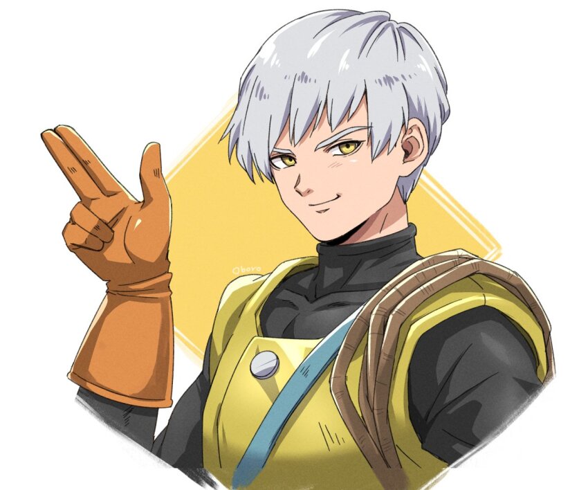 1boy artist_name black_shirt brown_gloves commentary_request covered_collarbone dragon_quest dragon_quest_iii gloves looking_at_viewer male_focus oboro_dqp rope shirt short_hair smirk solo thief_(dq3) upper_body white_hair yellow_eyes